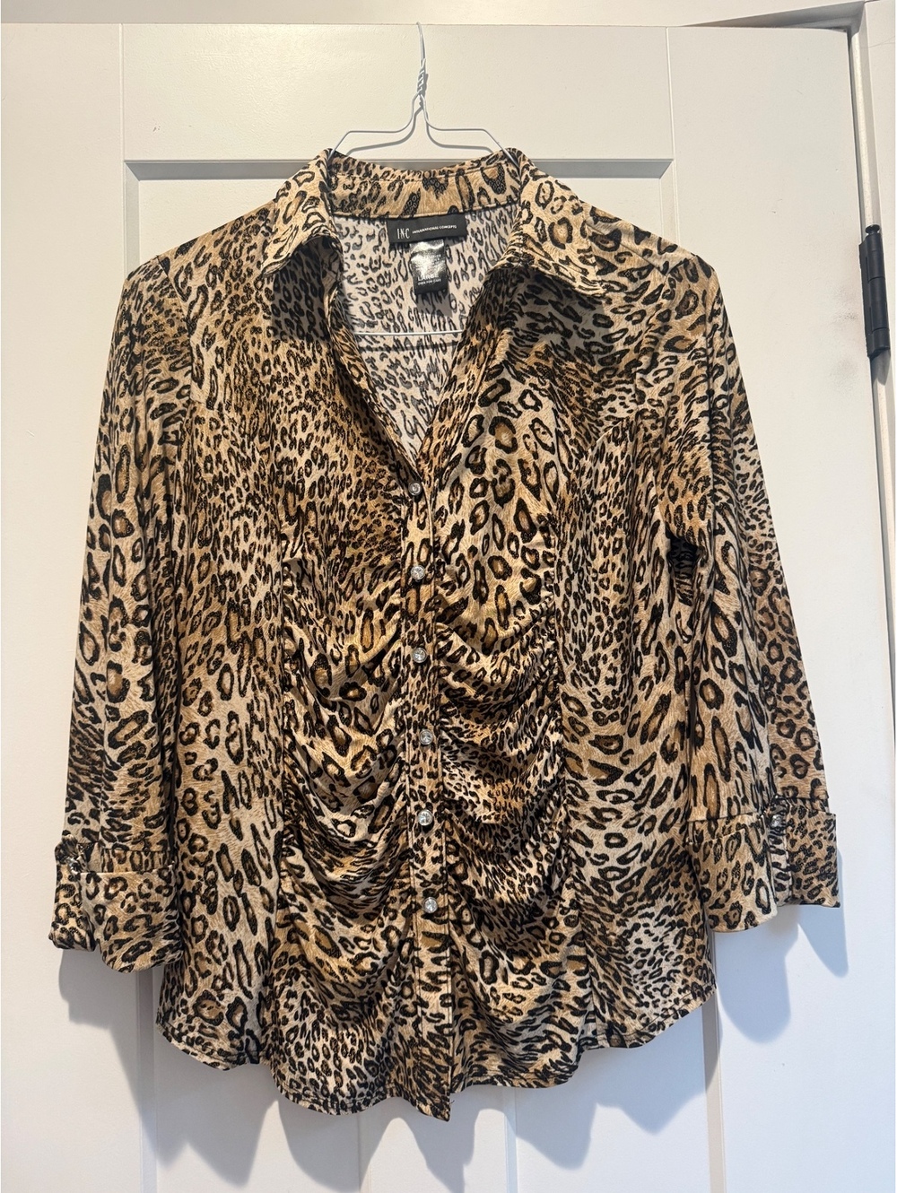INC International Concepts Leopard Print Ruched Button Front Top Large
